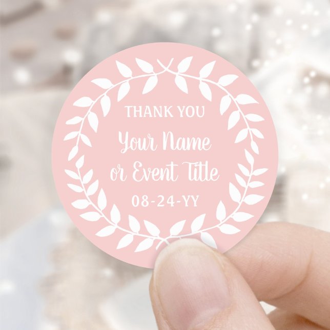 Simple Laurel Wreath Blush Pink & White Thank You Classic Round Sticker (Creator Uploaded)