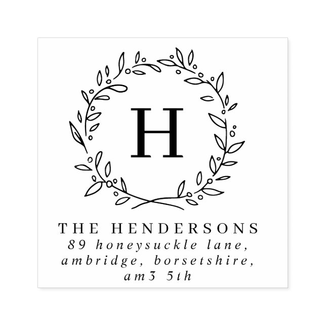 Simple Laurel Wreath Family Monogram Address Rubber Stamp (Imprint)