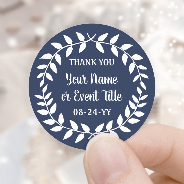 Simple Laurel Wreath Navy Blue and White Thank You Classic Round Sticker (Creator Uploaded)