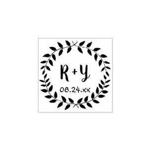 Simple Laurel Wreath Rustic Wedding Monogram Date Rubber Stamp