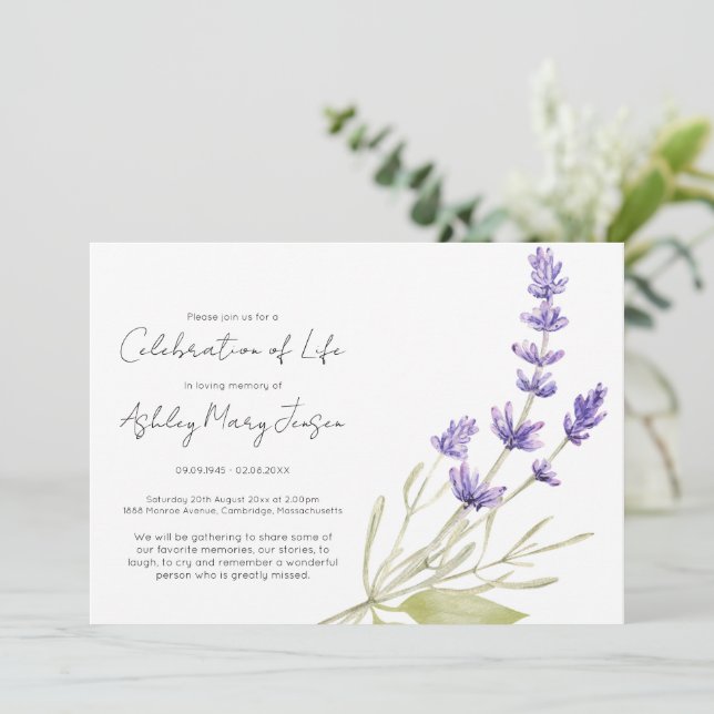 Simple Lavender Celebration of Life Funeral Invitation (Standing Front)