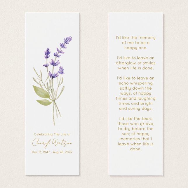 Simple Lavender Funeral Memorial Bookmark (Front & Back)