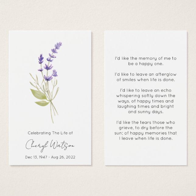 Simple Lavender Funeral Memorial Prayer Card (Front & Back)