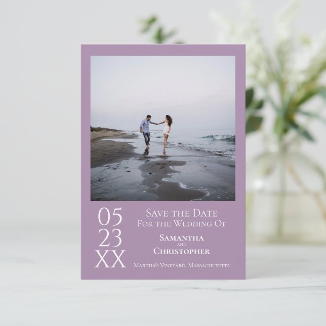 Simple Lavender Modern Minimalist Photo Wedding Save The Date (Standing Front)
