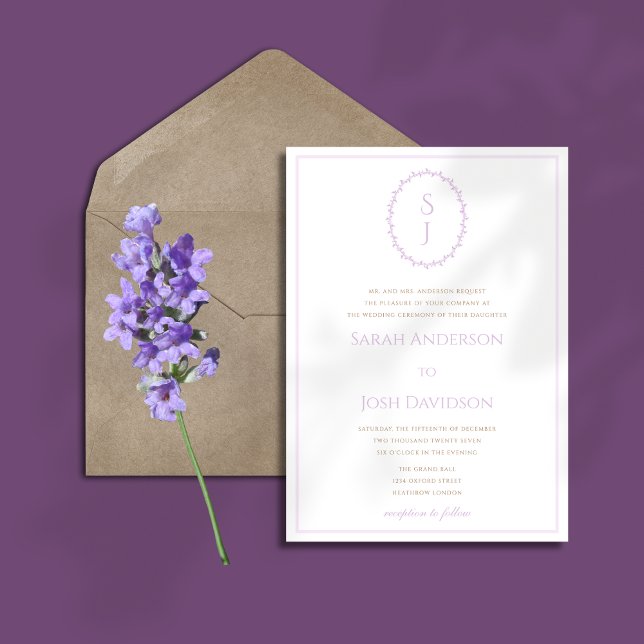 Simple Lavender Monogram Wedding Invitation (Creator Uploaded)