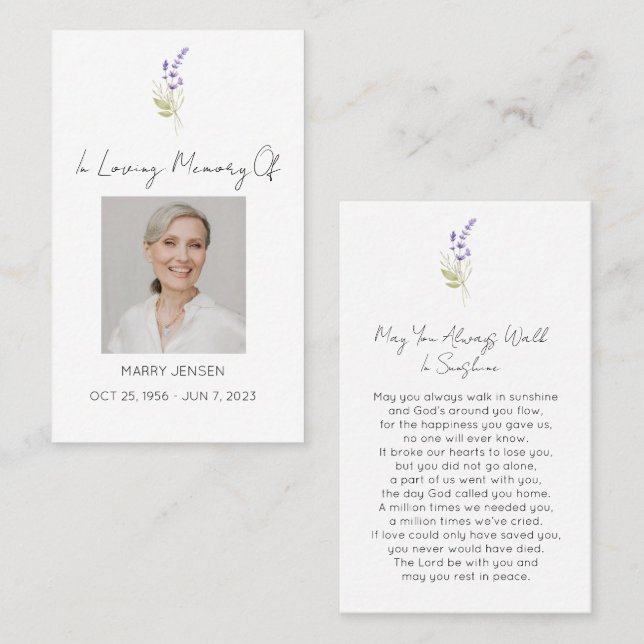 Simple Lavender Photo Funeral Prayer Card (Front/Back)