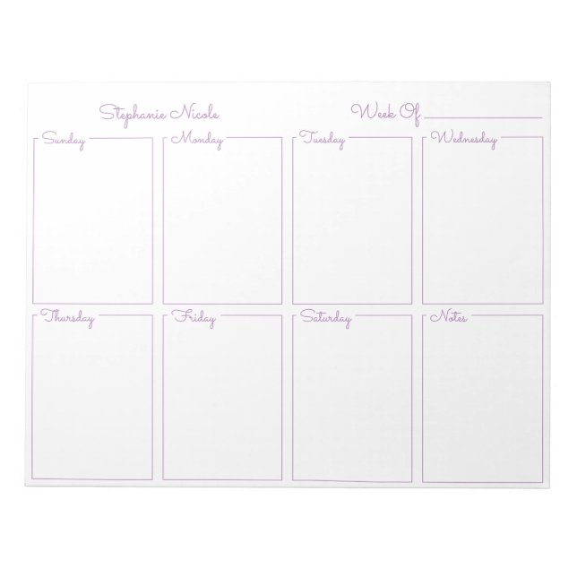Simple Lavender Thin Border Name Weekly Planner Notepad (Front)