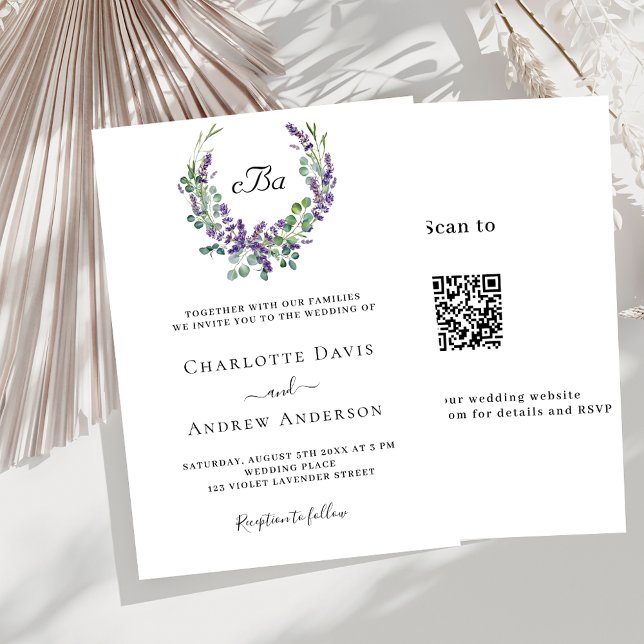 Simple lavender violet florals QR RSVP wedding Invitation (Creator Uploaded)