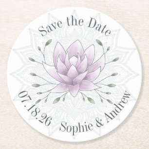 Simple Leaf and Lotus with Mandala Save the Date Round Paper Coaster