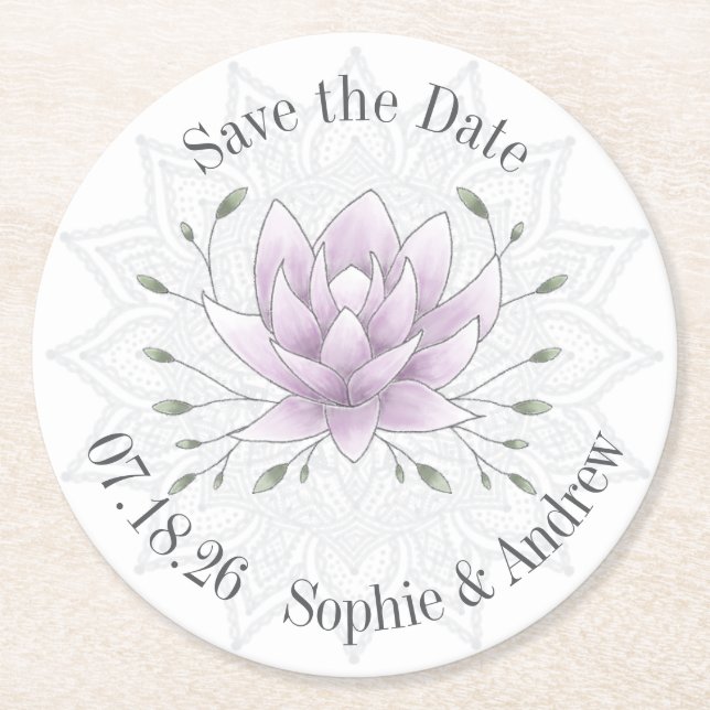 Simple Leaf and Lotus with Mandala Save the Date Round Paper Coaster (Front)