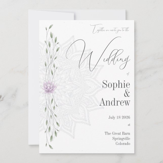Simple Leaf and Pink Lotus with Mandala Wedding Invitation (Front)