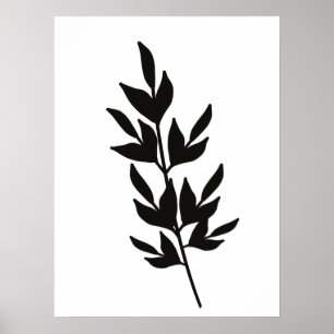 Simple Leaf Branch Line Art Black White Poster