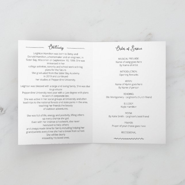 Simple Leaf Funeral Obituary Order of Service  Programme (Inside)