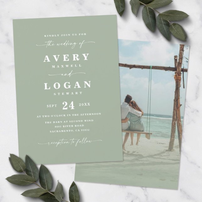 Simple Leaf Green Wedding Invitation with Photo (Creator Uploaded)
