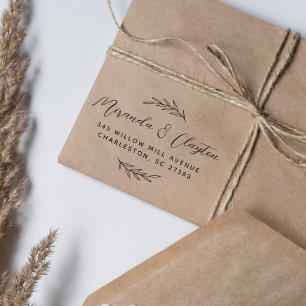 Simple Leaves Modern Script Wedding Couple Address Rubber Stamp