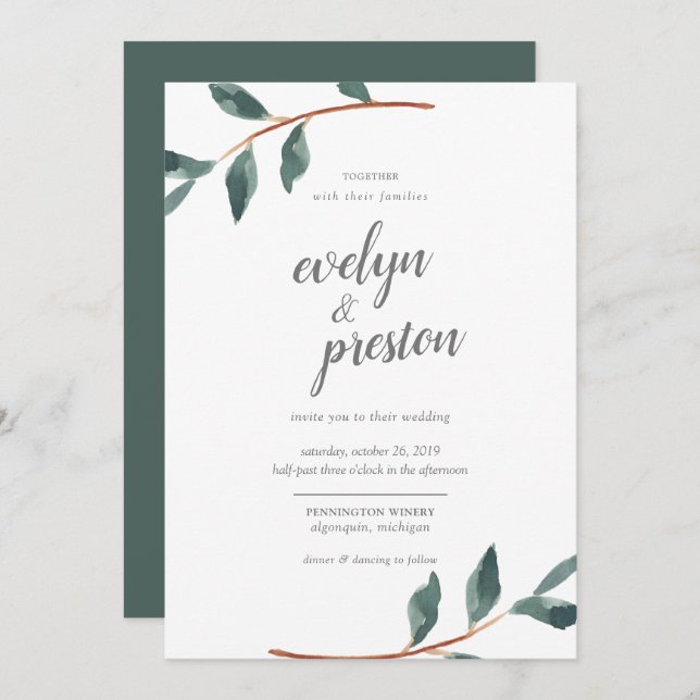 Simple Leaves Watercolor Wedding Invitation (Front/Back)