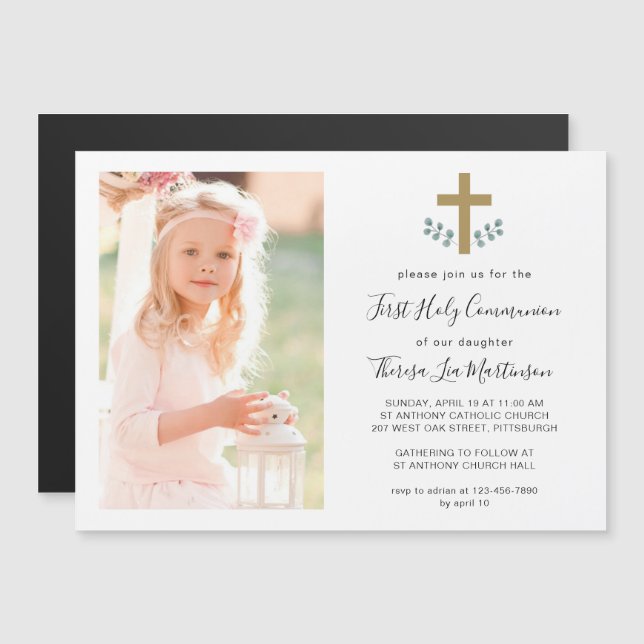 Simple Leaves with Cross Holy Communion Photo Magnetic Invitation (Front/Back)