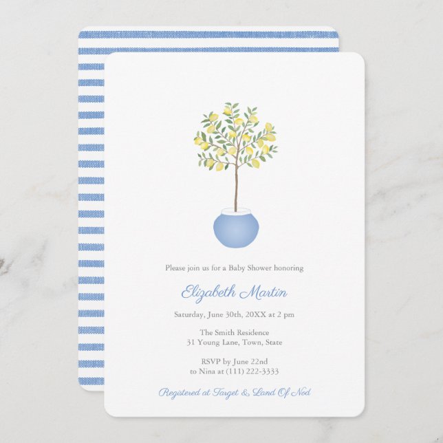 Simple Lemon Tree Blue Yellow Boy Baby Shower Invitation (Front/Back)