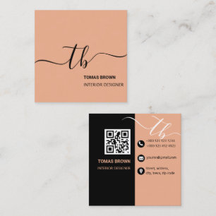 Simple Letter Initial Monogram Peach and black Square Business Card