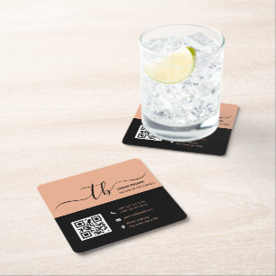 Simple Letter Initial Monogram   Peach and black  Square Paper Coaster