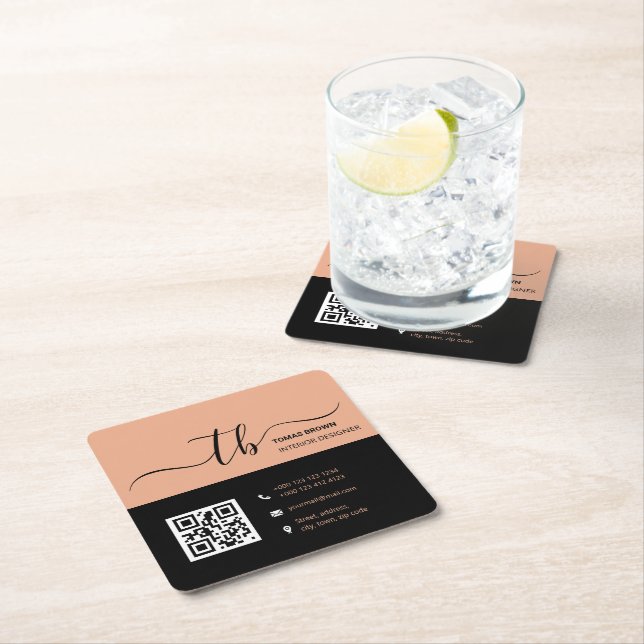 Simple Letter Initial Monogram | Peach and black  Square Paper Coaster (Insitu)