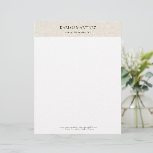 Simple Light Beige Linen Black Typography Custom Letterhead (Standing Front)