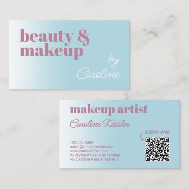 Simple Light Blue Candy Pink White Calligraphy Business Card (Front/Back)