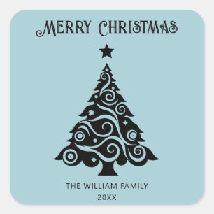 Simple Light Blue Merry Christmas Tree Gift Square Sticker