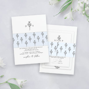 Simple Light Blue Minimal Floral Pattern Wedding Invitation Belly Band
