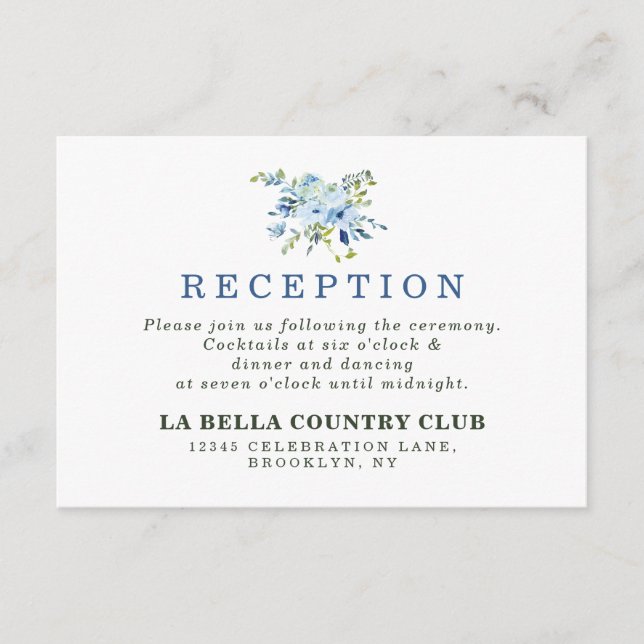 Simple Light Blue Navy Floral Wedding Reception Enclosure Card (Front)
