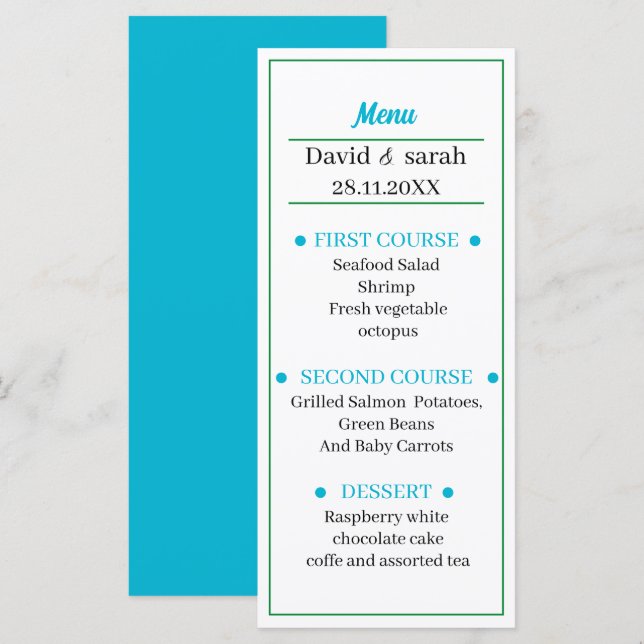 Simple Light Blue Personalised Wedding Dinner Menu (Front/Back)