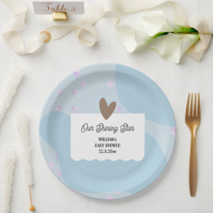Simple Light Blue Shining Star   Baby Shower Paper Plate