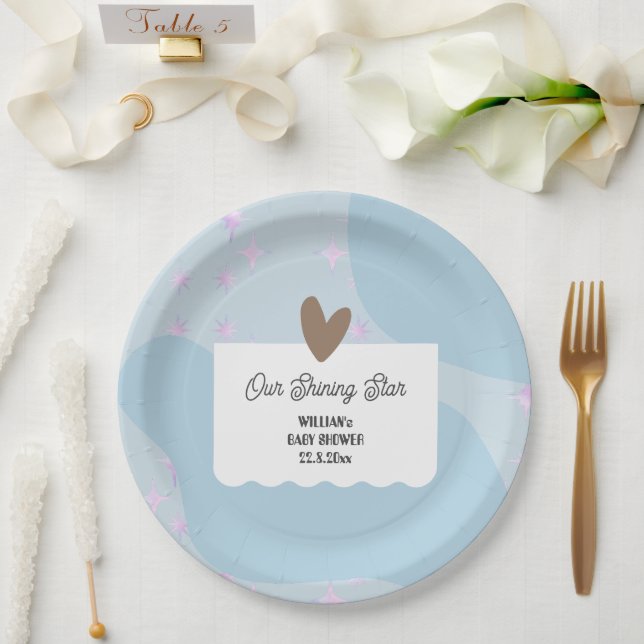 Simple Light Blue Shining Star | Baby Shower Paper Plate (Wedding)