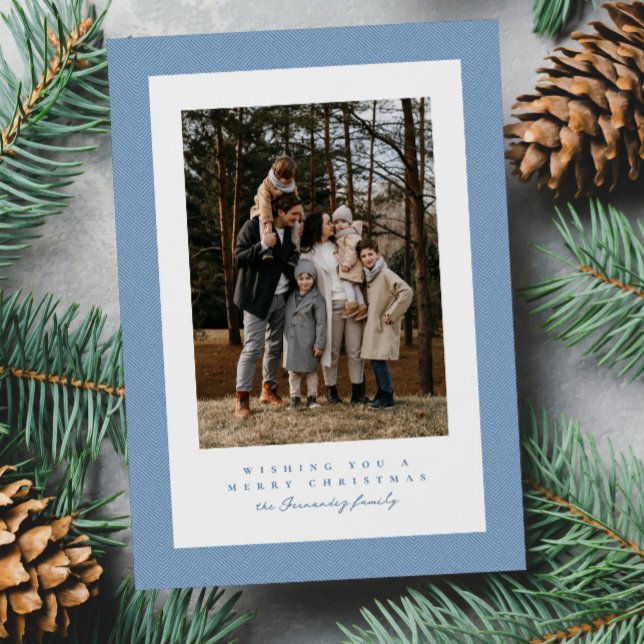 Simple light blue tweed frame Christmas photo Holiday Card (Creator Uploaded)
