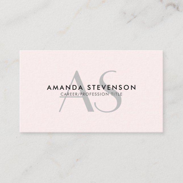 Simple, Light Blush Pink, Minimalistic Monogram Business Card (Front)