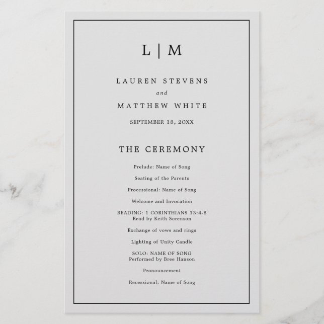 Simple Light Grey Monogram Elegant Wedding Program Flyer (Front)