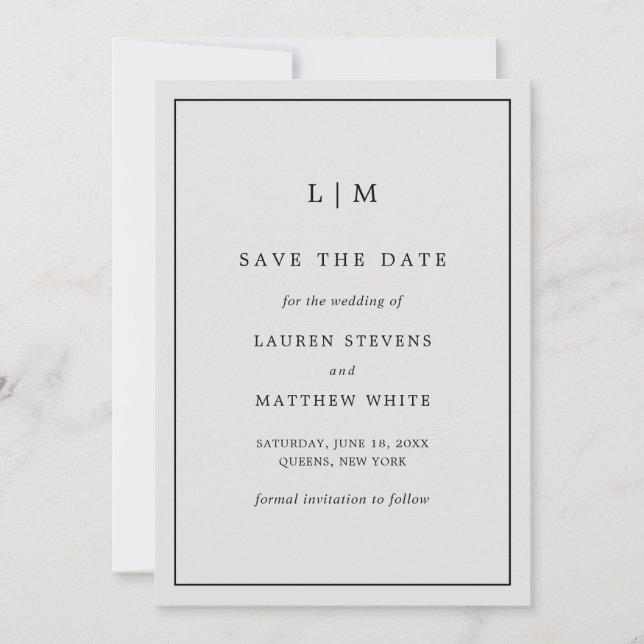 Simple Light Grey Monogram Elegant Wedding Save The Date (Front)