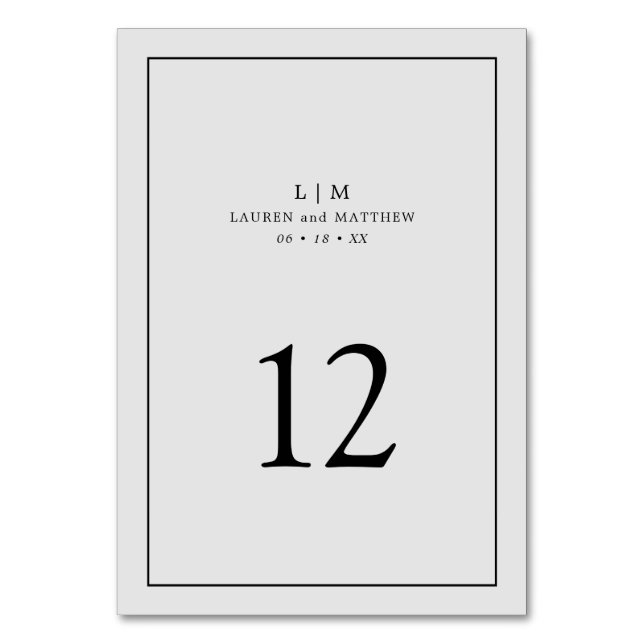 Simple Light Grey Monogram Elegant Wedding Table Number (Front)