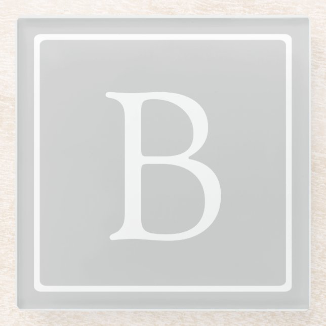 Simple Light Grey Monogram Glass Coaster (Front)