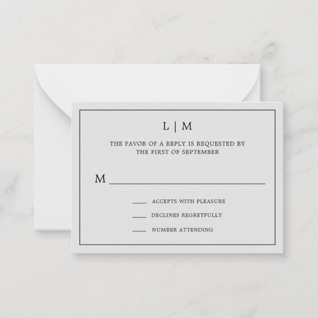 Simple Light Grey Monogram Mini Wedding RSVP Card (Front)
