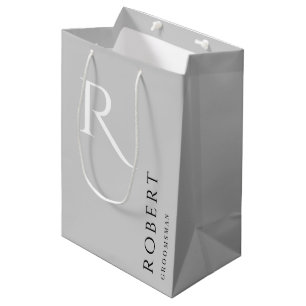 Simple Light Grey Monogram Personalised Groomsmen Medium Gift Bag