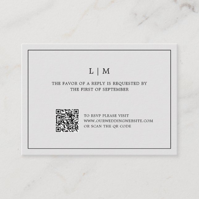 Simple Light Grey Monogram QR Code Elegant Wedding Card (Front)