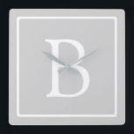 Simple Light Grey Monogram Square Wall Clock<br><div class="desc">Editable monogram,  customize as you like!</div>