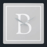 Simple Light Grey Monogram Square Wall Clock<br><div class="desc">Editable monogram,  customize as you like!</div>
