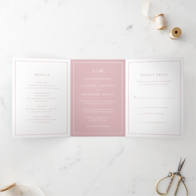 Simple Light Pink Monogram Elegant Wedding Tri-Fold Invitation (Inside)