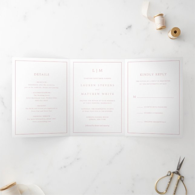 Simple Light Pink Monogram Elegant Wedding Tri-Fold Invitation (Inside)