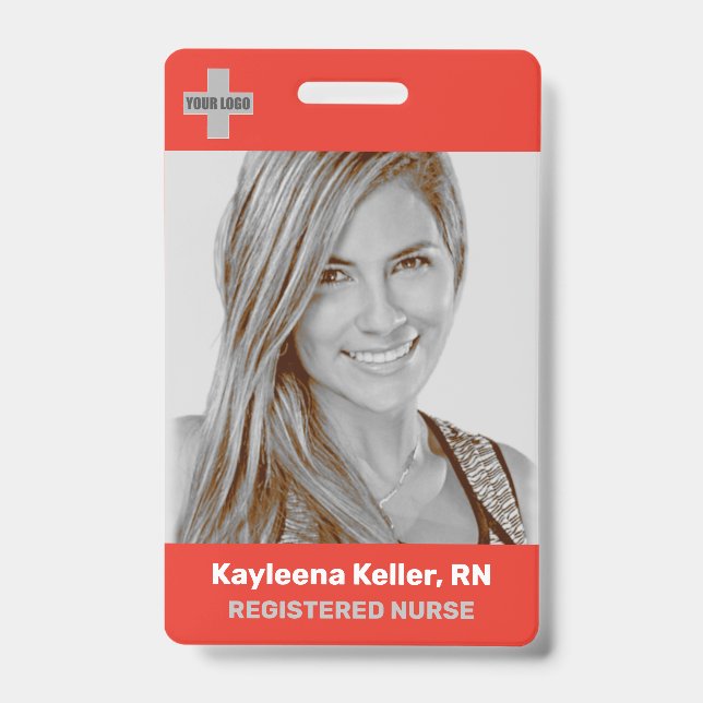 Simple Light Red Large Photo Logo Code Template ID Badge (Front)