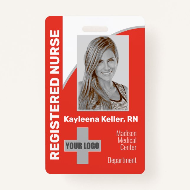 Simple Light Red Logo Barcode ID Registered Nurse ID Badge (Front)