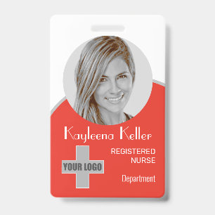 Simple Light Red Nurse Circle Photo Logo Barcode ID Badge