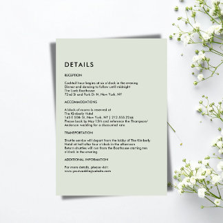 Simple Light Sage Green Wedding Details  Enclosure Card